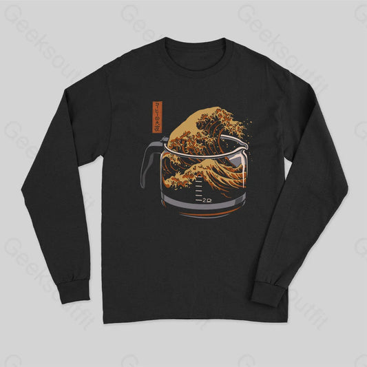 The Great Wave Of Coffee Long Sleeve T-Shirt Black / S