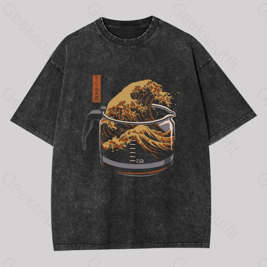 The Great Wave Of Coffee Washed T-Shirt Black / S