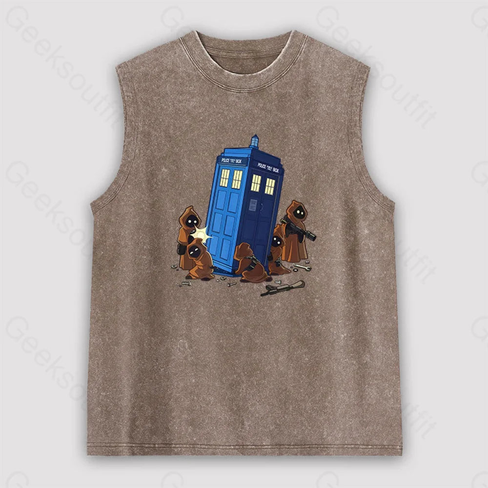 The Tardis In Humorous Fan Art Unisex Washed Tank Brown / S