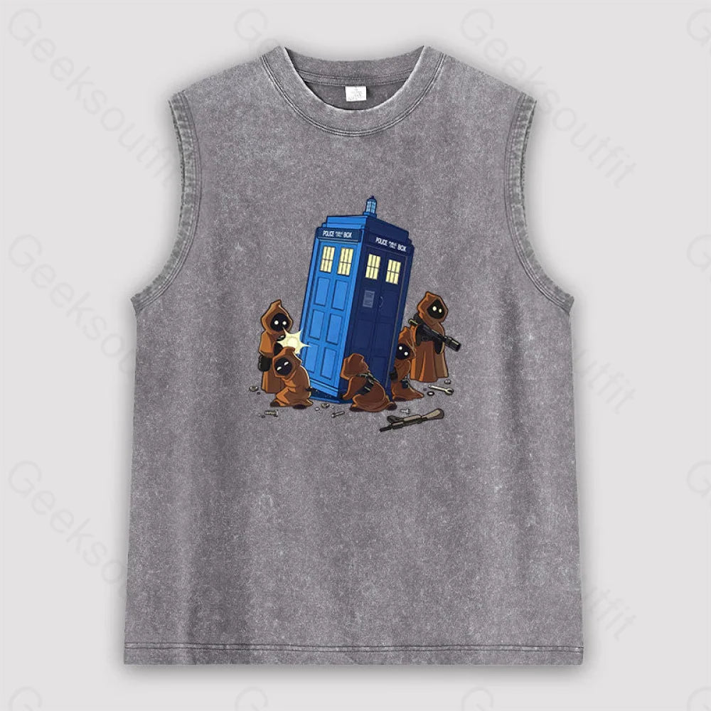 The Tardis In Humorous Fan Art Unisex Washed Tank Grey / S