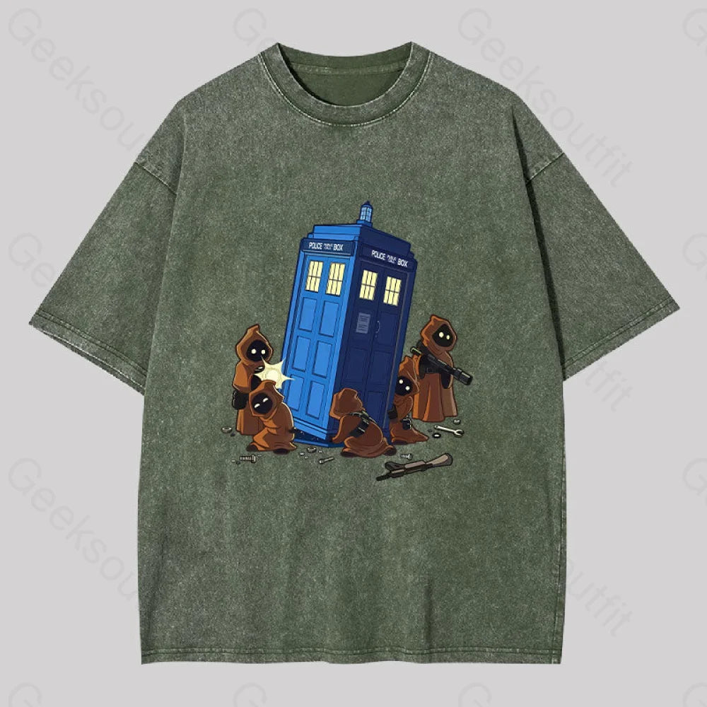 The Tardis In Humorous Fan Art Washed T-Shirt Army Green / S