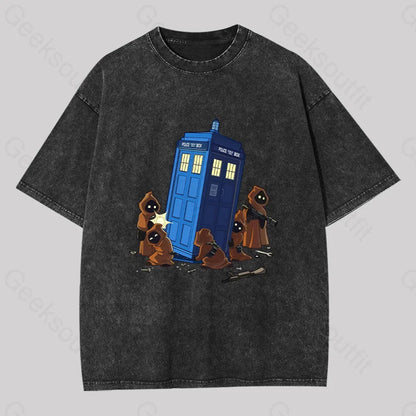 The Tardis In Humorous Fan Art Washed T-Shirt Black / S