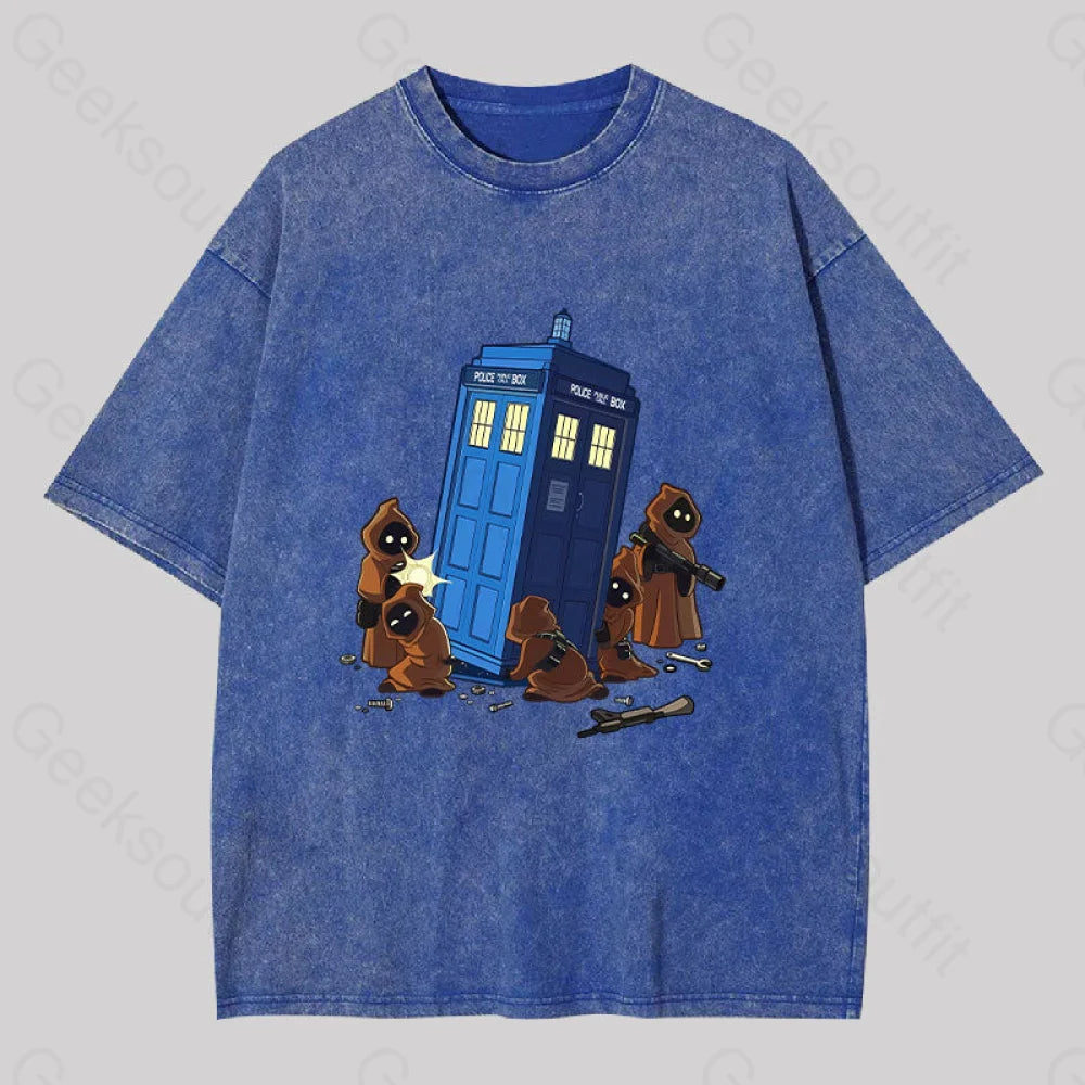 The Tardis In Humorous Fan Art Washed T-Shirt Blue / S