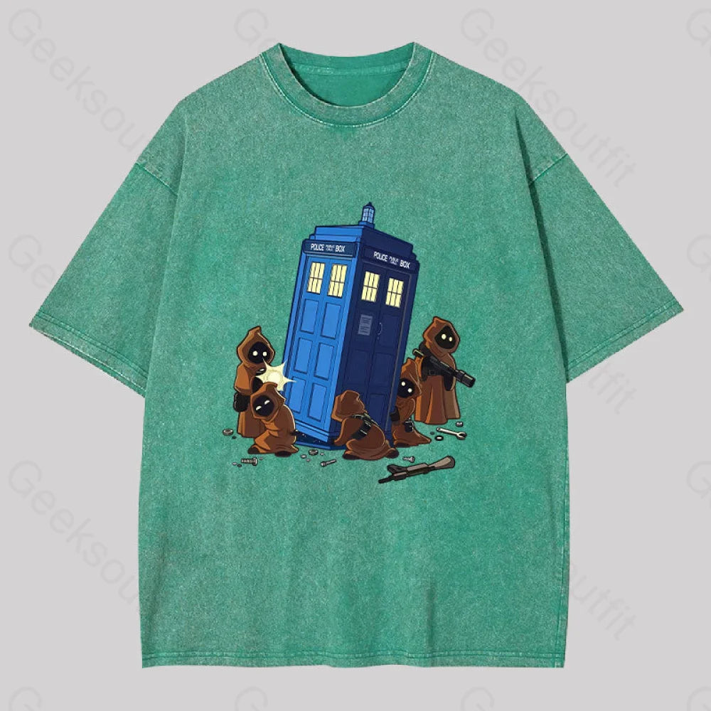 The Tardis In Humorous Fan Art Washed T-Shirt Grass Green / S