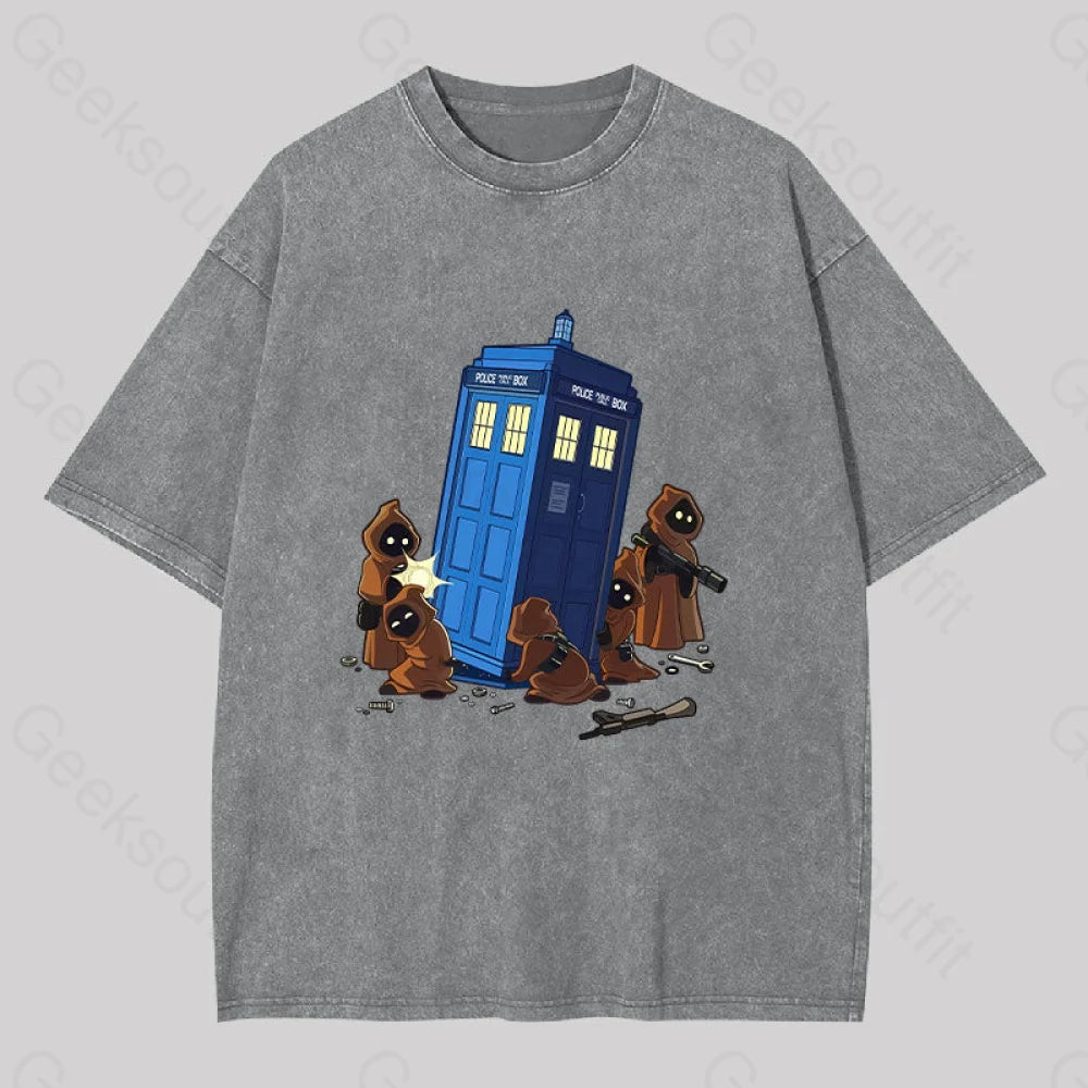 The Tardis In Humorous Fan Art Washed T-Shirt Grey / S