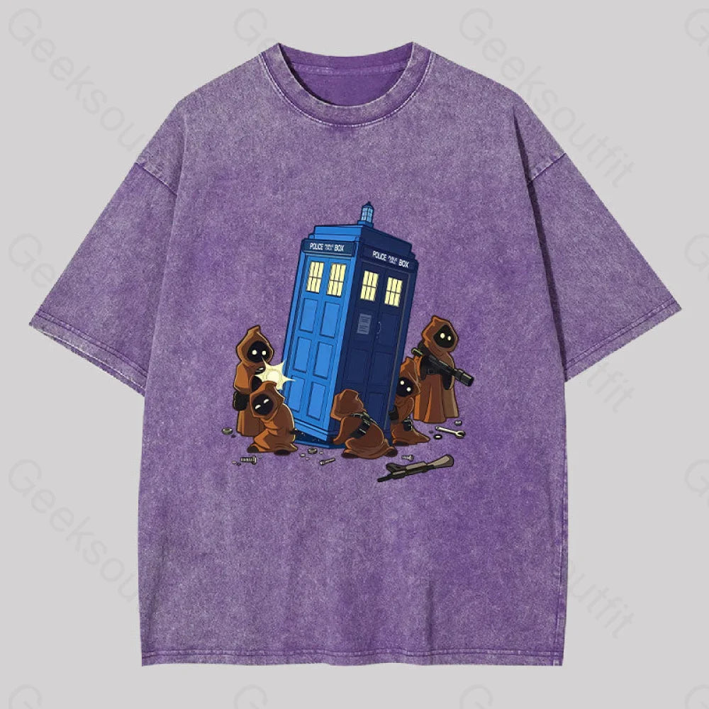 The Tardis In Humorous Fan Art Washed T-Shirt Purple / S