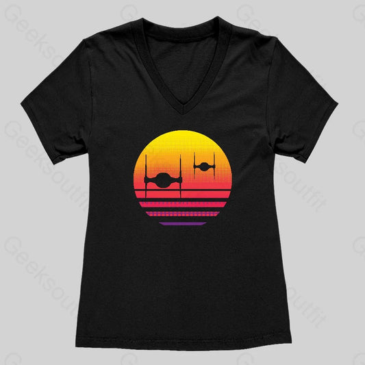 Tie Fighter Sunset Women's V-Neck T-shirt - Geeksoutfit