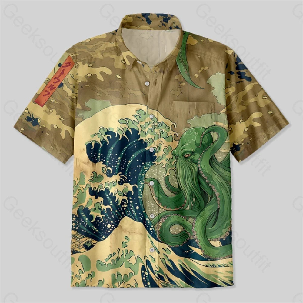 Ukiyoe Waves Cthulhu Button Up Pocket Shirt Up / S Bus550 Yc