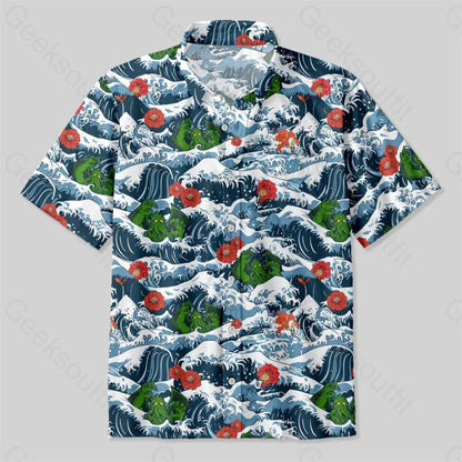 Ukiyoe Waves Cthulhu Button Up Pocket Shirt Up / S Bus595 Yc