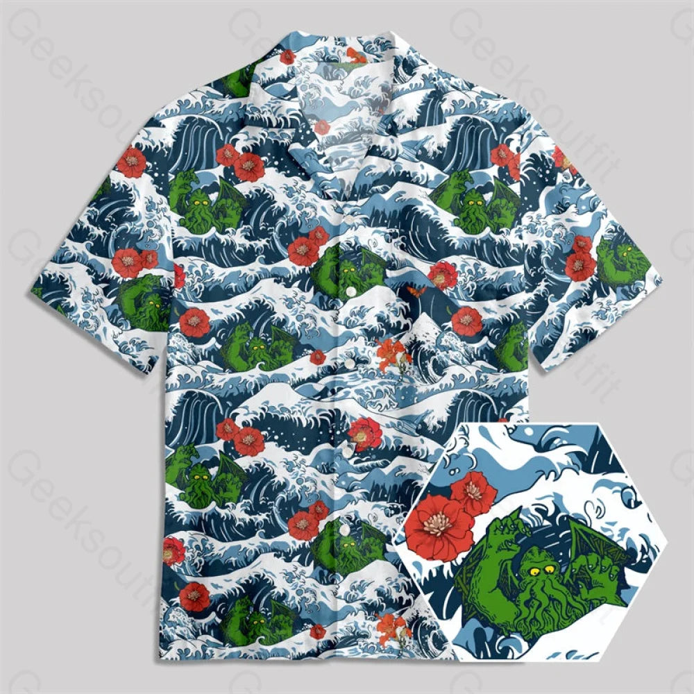 Ukiyoe Waves Cthulhu Button Up Pocket Shirt Yc