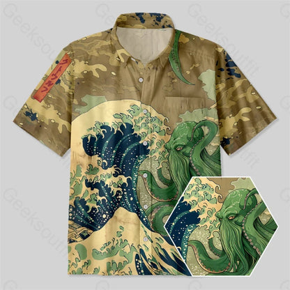 Ukiyoe Waves Cthulhu Button Up Pocket Shirt Yc