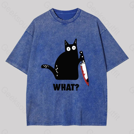 What Cat Funny Washed T-Shirt Blue / S